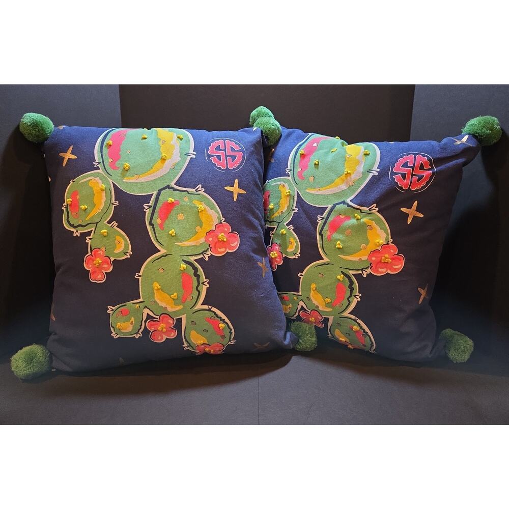 Simply Southern 16 x 16” Rizzy Home Blue Textured with Green Poms Pillow ~ Pair